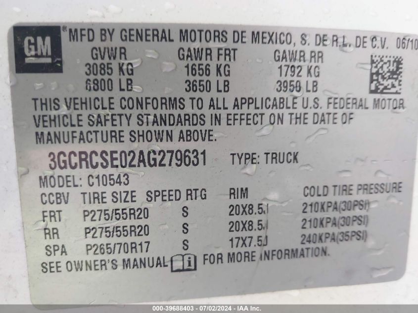 2010 Chevrolet Silverado 1500 Lt VIN: 3GCRCSE02AG279631 Lot: 39688403