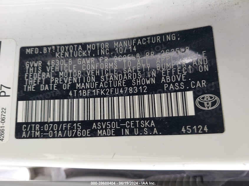 2015 Toyota Camry Se VIN: 4T1BF1FK2FU478312 Lot: 39688404