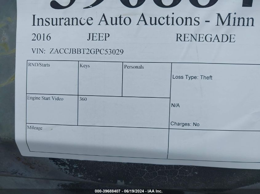 2016 Jeep Renegade VIN: ZACCJBBT2GPC53029 Lot: 39688407