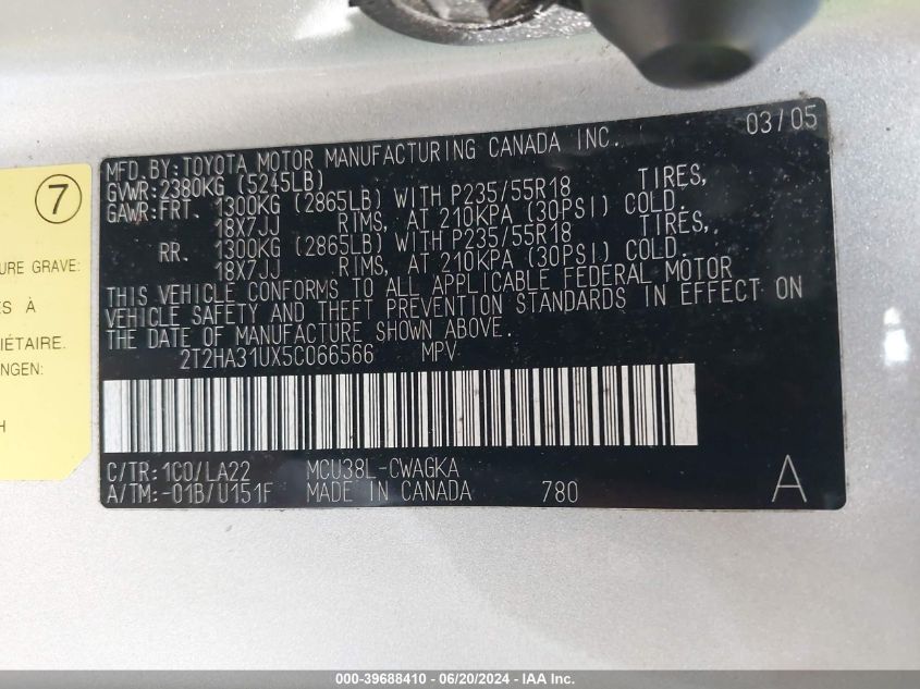 2005 Lexus Rx 330 VIN: 2T2HA31UX5C066566 Lot: 39688410