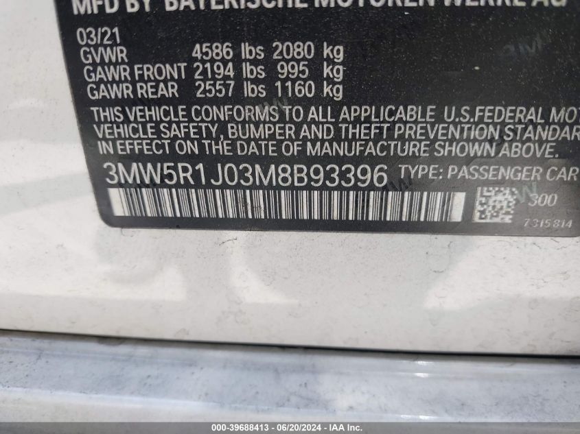 2021 BMW 330I VIN: 3MW5R1J03M8B93396 Lot: 39688413