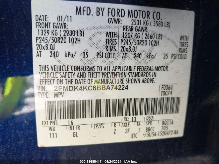 2011 Ford Edge Limited VIN: 2FMDK4KC6BBA74224 Lot: 39688417