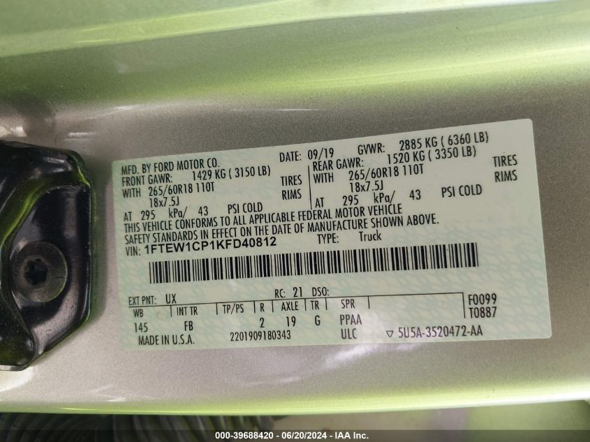 2019 Ford F-150 Xlt VIN: 1FTEW1CP1KFD40812 Lot: 39688420