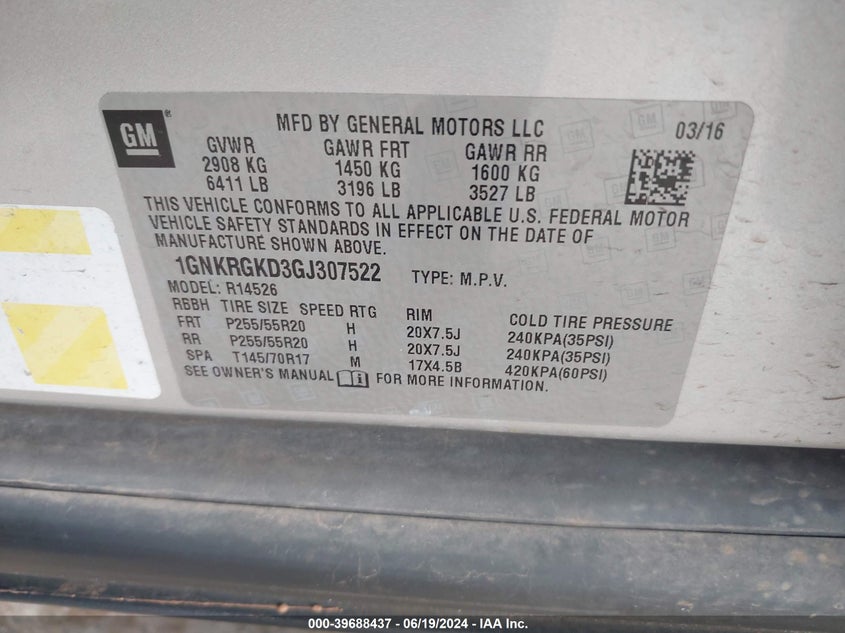 2016 Chevrolet Traverse Lt VIN: 1GNKRGKD3GJ307522 Lot: 39688437