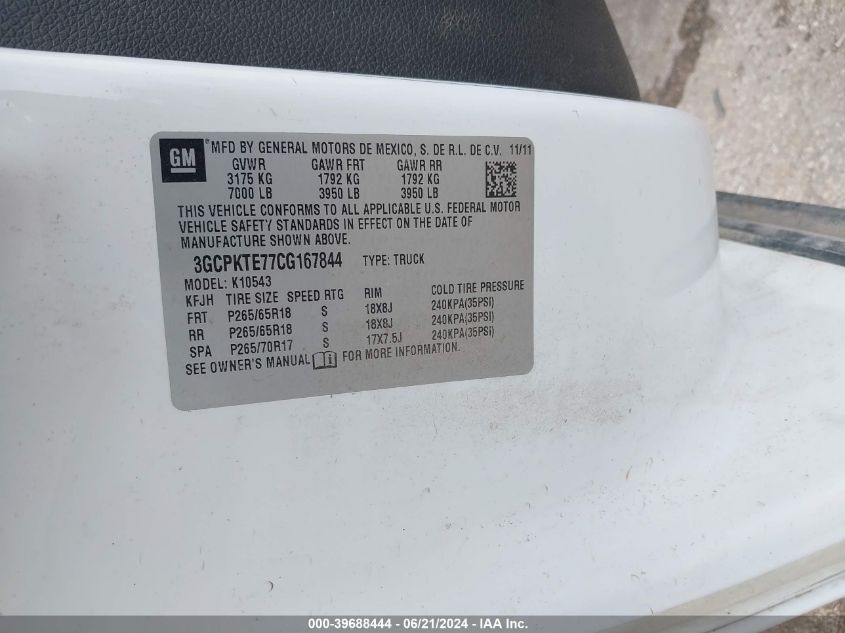 2012 Chevrolet Silverado 1500 Ltz VIN: 3GCPKTE77CG167844 Lot: 39688444