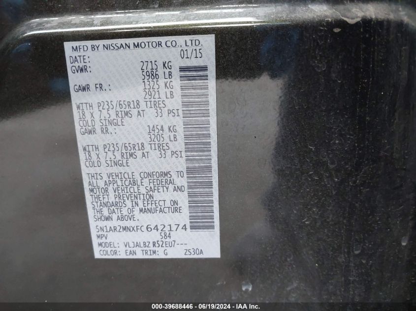 2015 Nissan Pathfinder S VIN: 5N1AR2MNXFC642174 Lot: 39688446