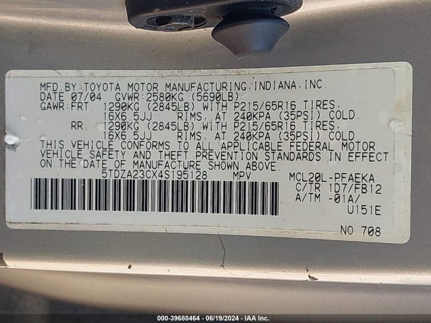 2004 Toyota Sienna Le VIN: 5TDZA23CX4S195128 Lot: 39688464