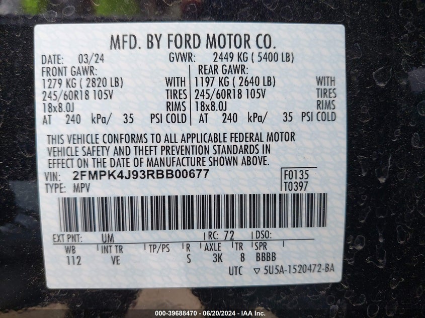 2024 Ford Edge Sel VIN: 2FMPK4J93RBB00677 Lot: 39688470