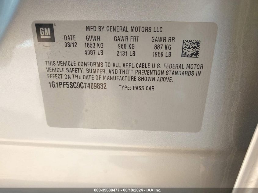 2012 Chevrolet Cruze 1Lt VIN: 1G1PF5SC9C7409832 Lot: 39688477