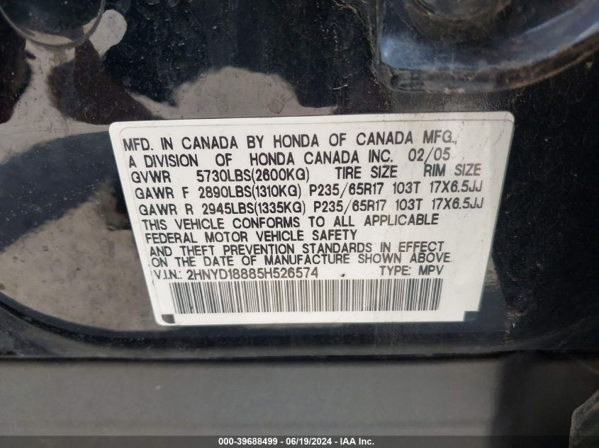 2005 Acura Mdx Touring VIN: 2HNYD18885H526574 Lot: 39688499