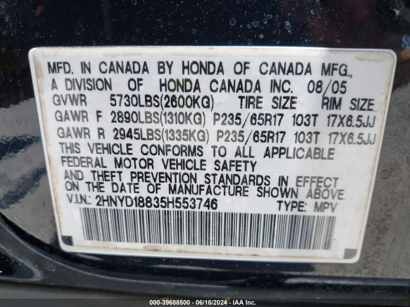 2005 Acura Mdx VIN: 2HNYD18835H553746 Lot: 39688500