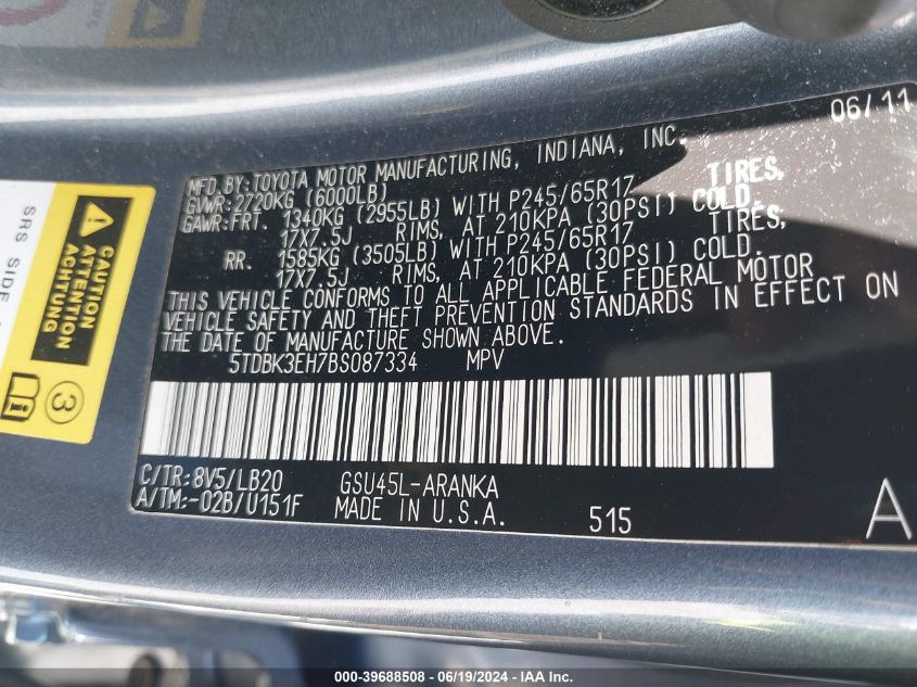 2011 Toyota Highlander Se V6 VIN: 5TDBK3EH7BS087334 Lot: 39688508