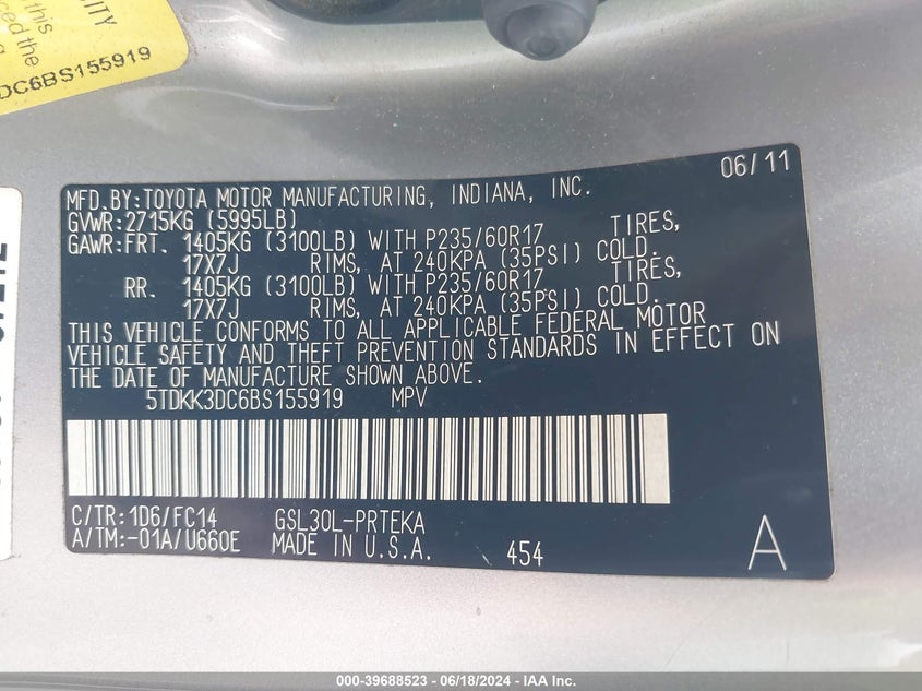 2011 Toyota Sienna Le V6 VIN: 5TDKK3DC6BS155919 Lot: 39688523