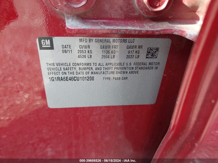 2012 Chevrolet Volt VIN: 1G1RA6E46CU101200 Lot: 39688526