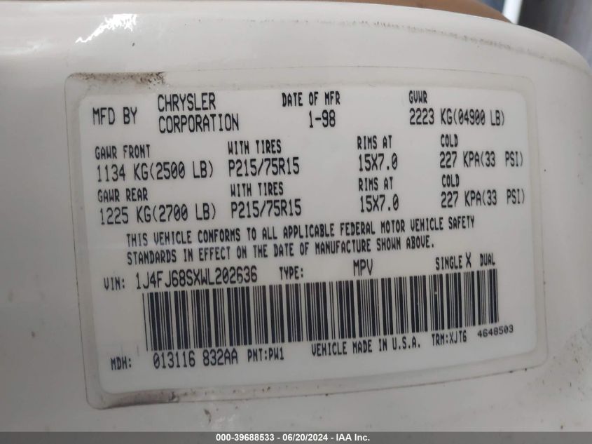 1998 Jeep Cherokee Classic/Sport VIN: 1J4FJ68SXWL202636 Lot: 39688533