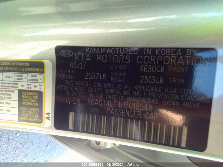 2017 Kia Optima Hybrid VIN: KNAGT4LE4H5018548 Lot: 39688538