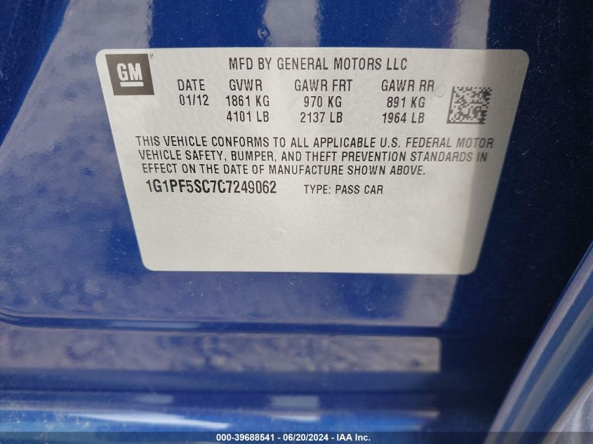 2012 Chevrolet Cruze 1Lt VIN: 1G1PF5SC7C7249062 Lot: 39688541