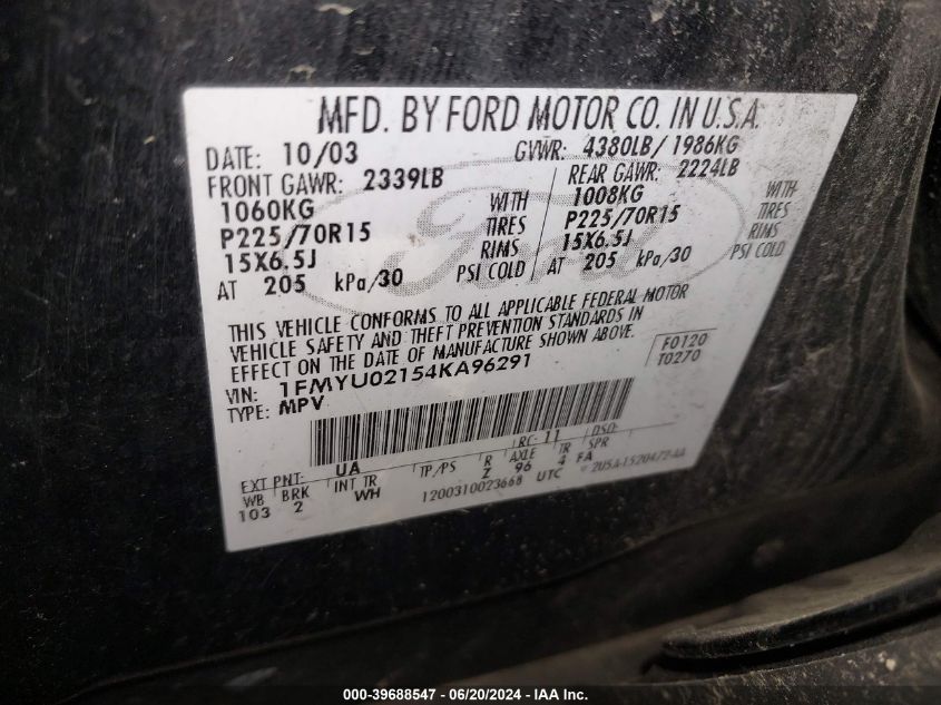 2004 Ford Escape Xls VIN: 1FMYU02154KA96291 Lot: 39688547