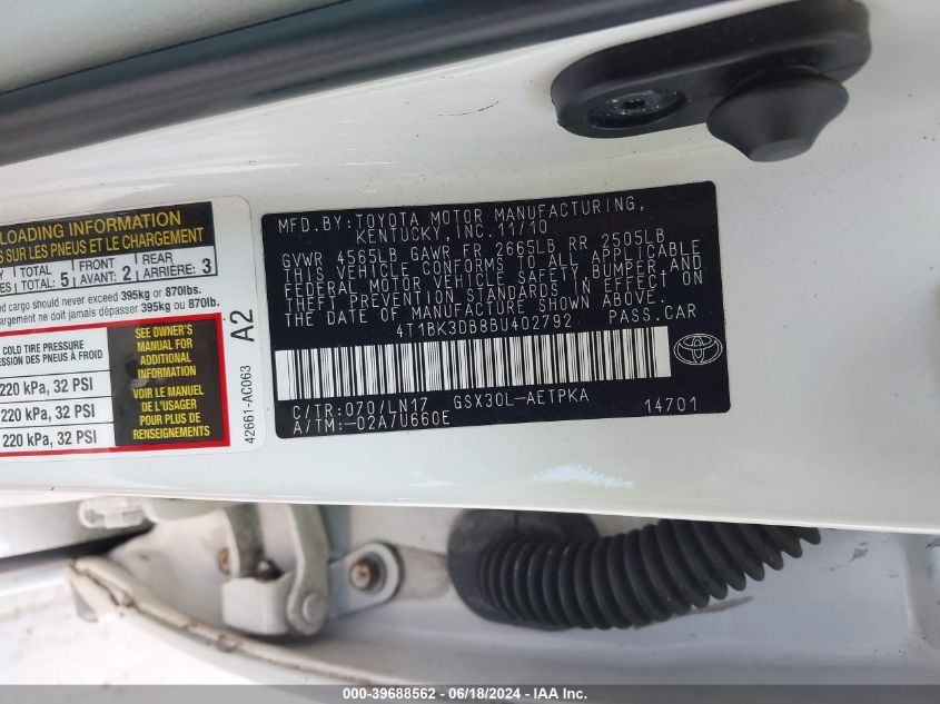 4T1BK3DB8BU402792 2011 Toyota Avalon Limited