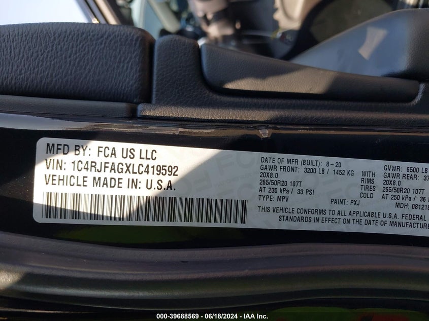 2020 Jeep Grand Cherokee Altitude 4X4 VIN: 1C4RJFAGXLC419592 Lot: 39688569