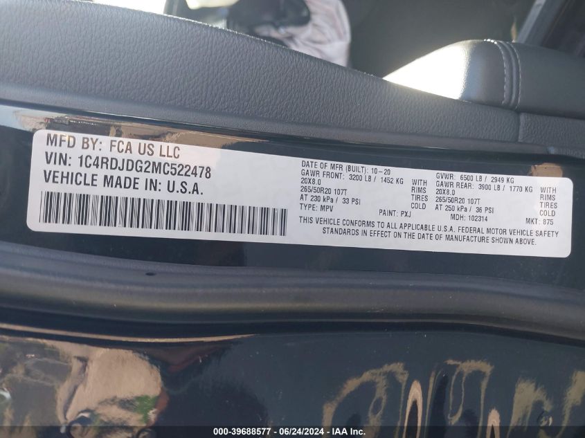 2021 Dodge Durango Gt VIN: 1C4RDJDG2MC522478 Lot: 39688577