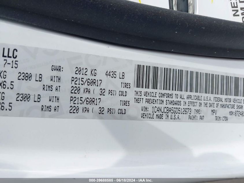 2016 Jeep Compass Sport VIN: 1C4NJCBA5GD512673 Lot: 39688585