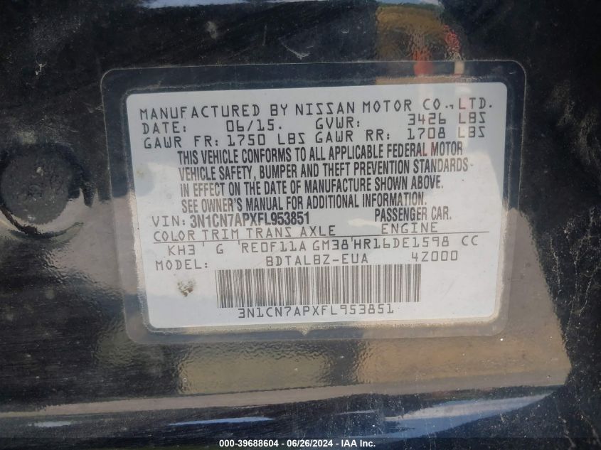 2015 Nissan Versa 1.6 Sv VIN: 3N1CN7APXFL953851 Lot: 39688604