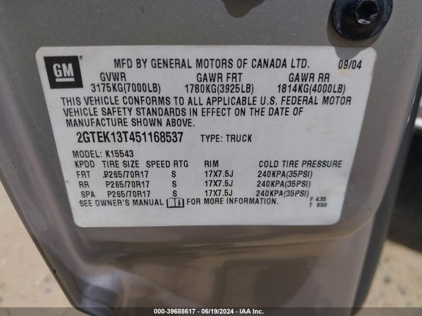 2005 GMC Sierra 1500 Sle VIN: 2GTEK13T451168537 Lot: 39688617