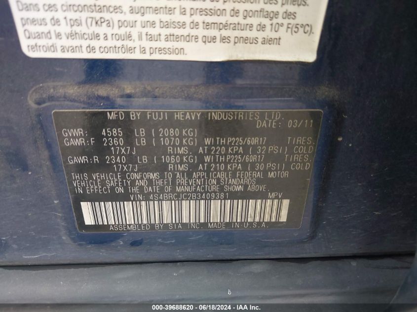 2011 Subaru Outback 2.5I Limited VIN: 4S4BRCJC2B3409381 Lot: 39688620