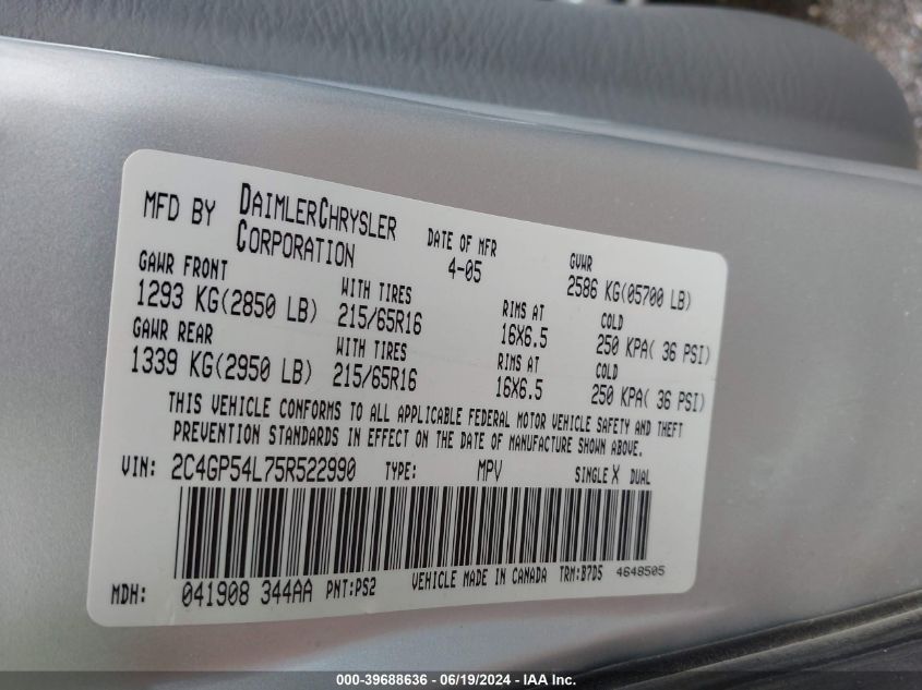 2005 Chrysler Town & Country Touring VIN: 2C4GP54L75R522990 Lot: 39688636