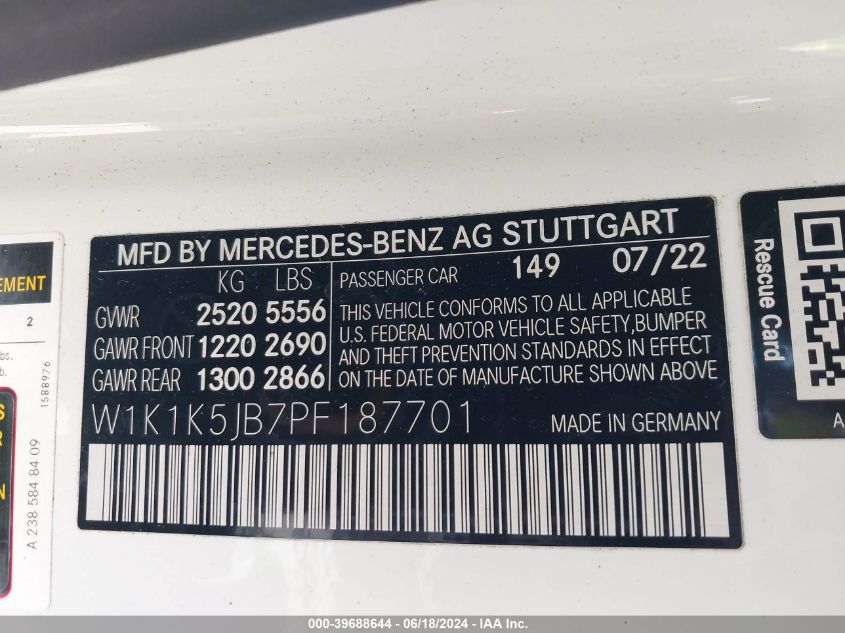 2023 Mercedes-Benz E 450 VIN: W1K1K5JB7PF187701 Lot: 39688644