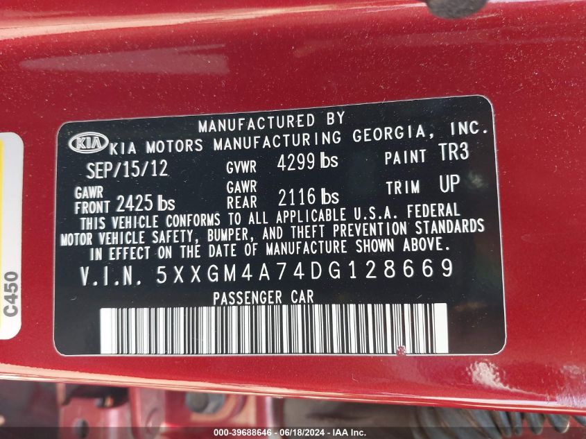 2013 Kia Optima Lx VIN: 5XXGM4A74DG128669 Lot: 39688646