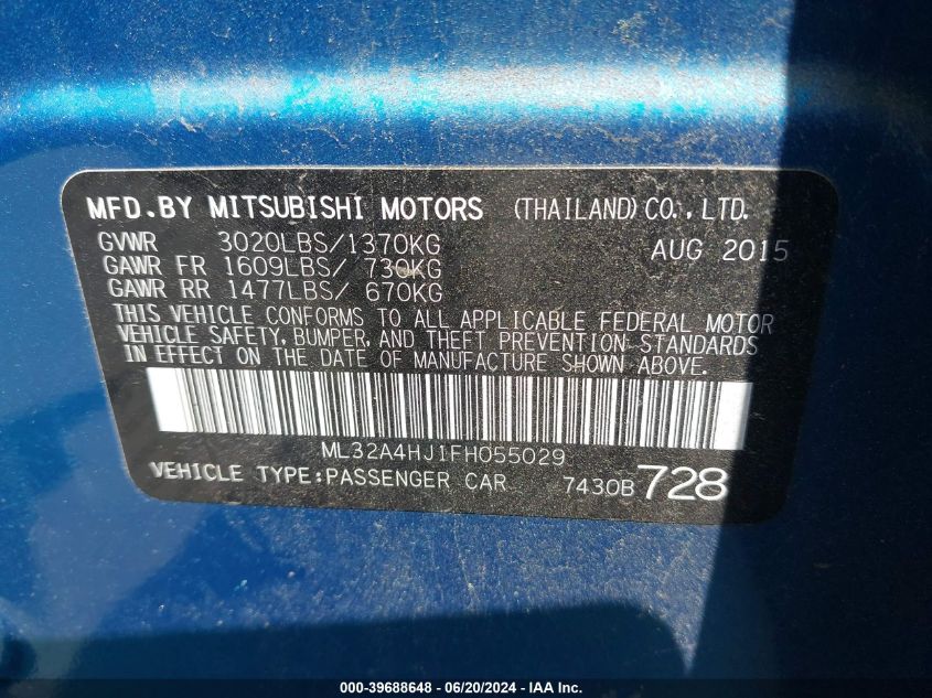 2015 Mitsubishi Mirage Es/Rf VIN: ML32A4HJ1FH055029 Lot: 39688648