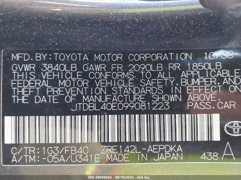 2009 Toyota Corolla Le/Xle VIN: JTDBL40E099081223 Lot: 39688654