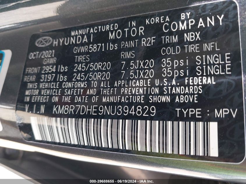 2022 Hyundai Palisade Calligraphy VIN: KM8R7DHE9NU394829 Lot: 39688655