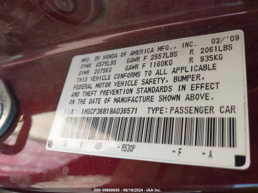 2009 Honda Accord Sdn Exl VIN: 1HGCP36819A036571 Lot: 39688658