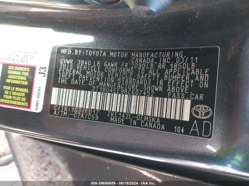 2011 Toyota Corolla S/Le VIN: 2T1BU4EE9BC607452 Lot: 39688659