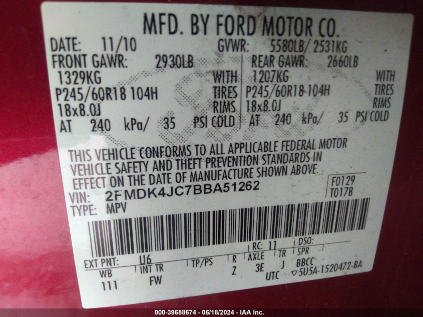 2011 Ford Edge Sel VIN: 2FMDK4JC7BBA51262 Lot: 39688674