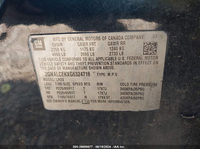 2016 Chevrolet Equinox Lt VIN: 2GNALCEKXG6324718 Lot: 39688677