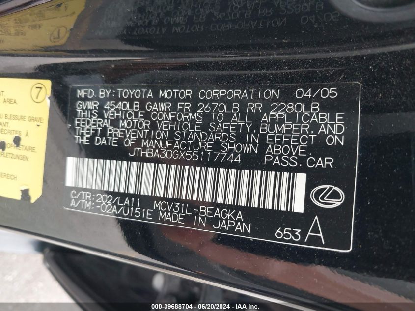 2005 Lexus Es 330 VIN: JTHBA30GX55117744 Lot: 39688704