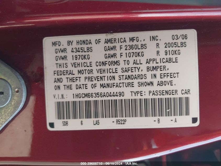 2006 Honda Accord 3.0 Lx VIN: 1HGCM66356A044490 Lot: 39688710