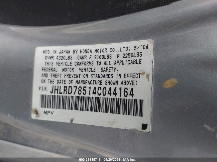 2004 Honda Cr-V Lx VIN: JHLRD78514C044164 Lot: 39688718