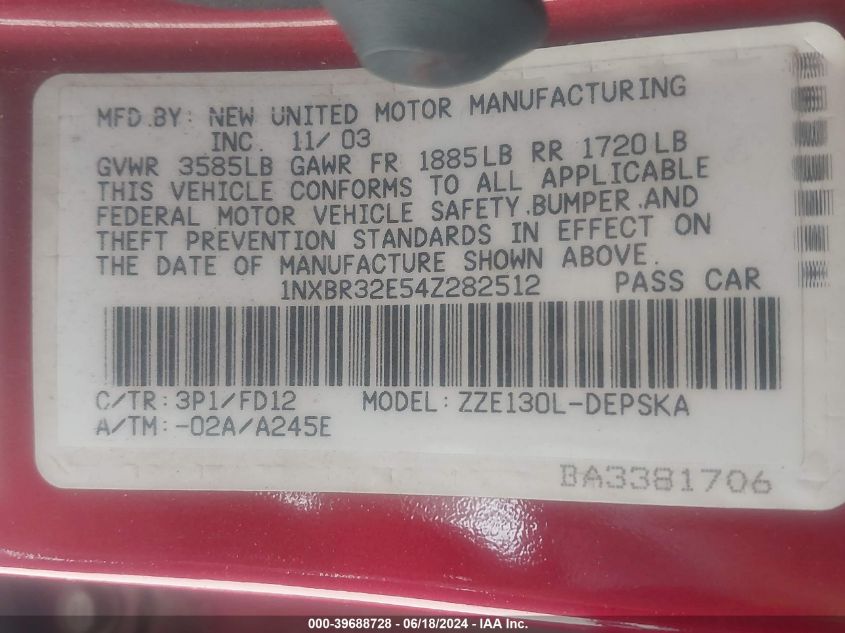 2004 Toyota Corolla S VIN: 1NXBR32E54Z282512 Lot: 39688728