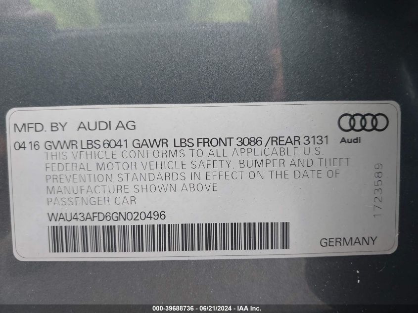 2016 Audi A8 L 4.0T Sport VIN: WAU43AFD6GN020496 Lot: 39688736