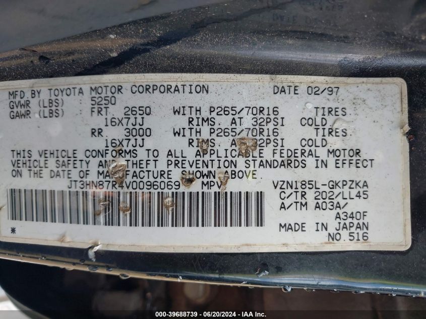 1997 Toyota 4Runner Sr5 V6 Limited VIN: JT3HN87R4V0096069 Lot: 39688739