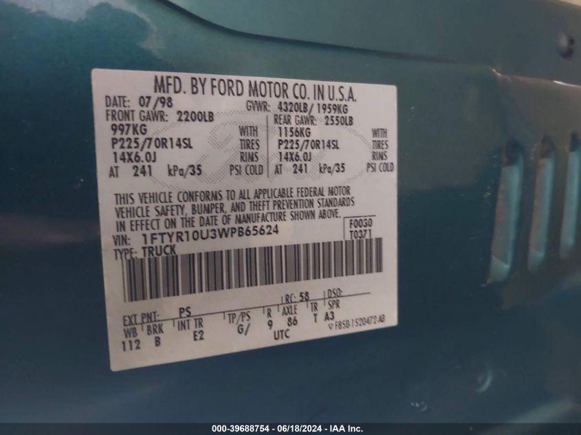 1998 Ford Ranger Splash/Xl/Xlt VIN: 1FTYR10U3WPB65624 Lot: 39688754