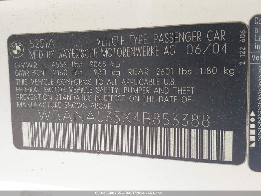 2004 BMW 525I I VIN: WBANA535X4B853388 Lot: 39688755