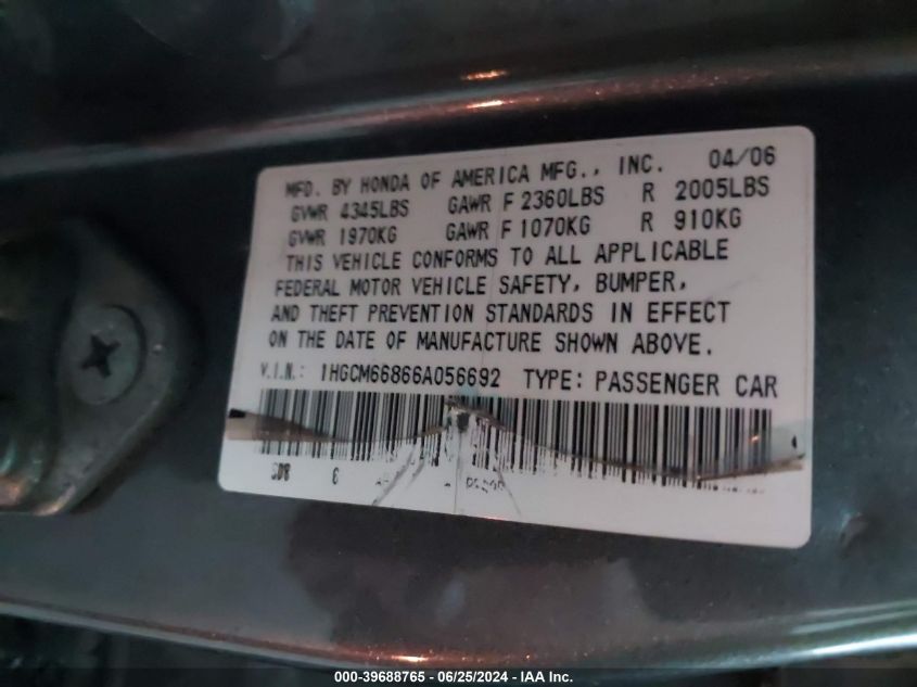 2006 Honda Accord Ex VIN: 1HGCM66866A056692 Lot: 39688765