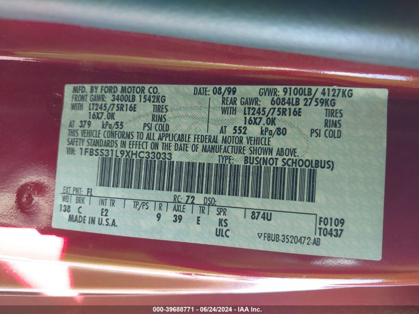 1999 Ford E-350 Super Duty Xl/Xlt VIN: 1FBSS31L9XHC33033 Lot: 39688771