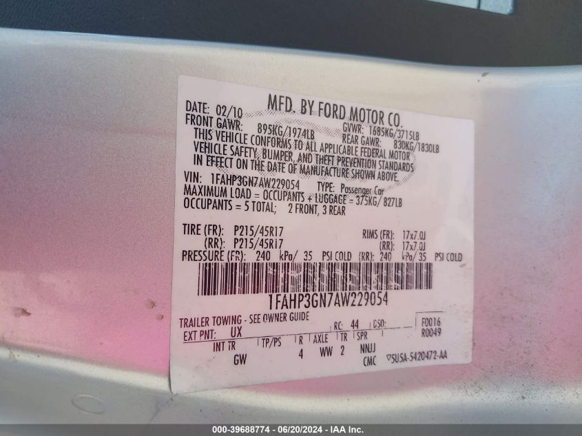 2010 Ford Focus Ses VIN: 1FAHP3GN7AW229054 Lot: 39688774